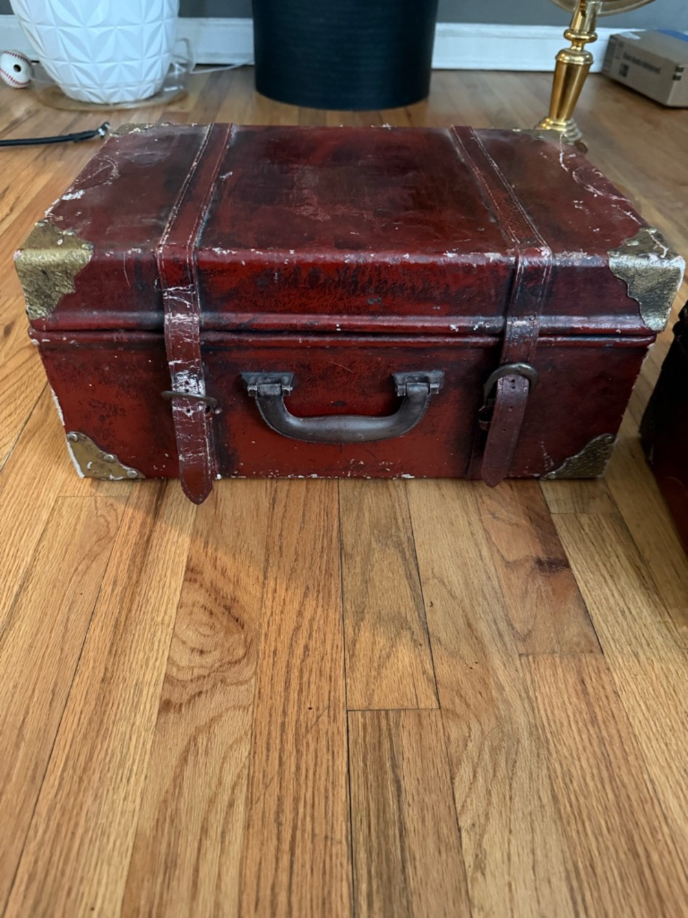Vintage Red Leather Trunk set with Brass Corners